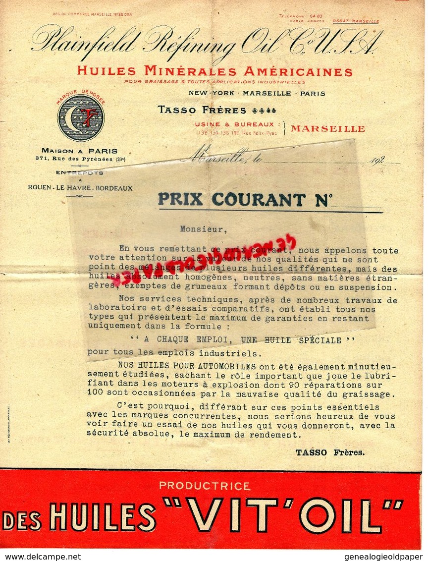 13- MARSEILLE- NEW YORK- PARIS-RARE LETTRE PLAINFIELD REFINING OIL- HUILES MINERALES VIT 'OIL- TASSO FRERES 1920 - Cars