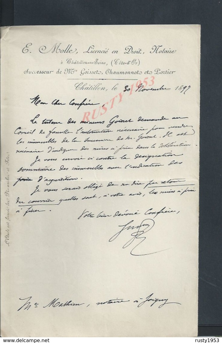 LETTRE DE 1897 MOLLE NOTAIRE À CHÂTILLON SUR SEINE : - Manuscrits