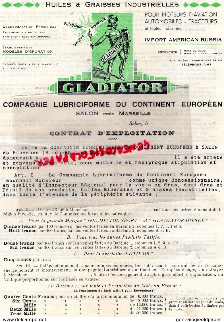 13- SALON DE PROVENCE-RARE LETTRE GLADIATOR-COMPAGNIE LUBRICIFORME CONTINENT EUROPEEN-HUILES GRAISSES AUTOMOBILES-1937 - Cars