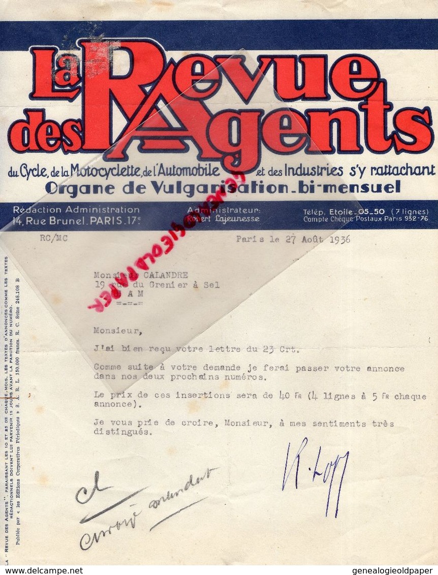 75- PARIS- LETTRE LA REVUE DES AGENTS DU CYCLE-VELO-MOTO-AUTO-AUTOMOBILE-14 RUE BRUNEL-PRESSE 1936 - Druck & Papierwaren