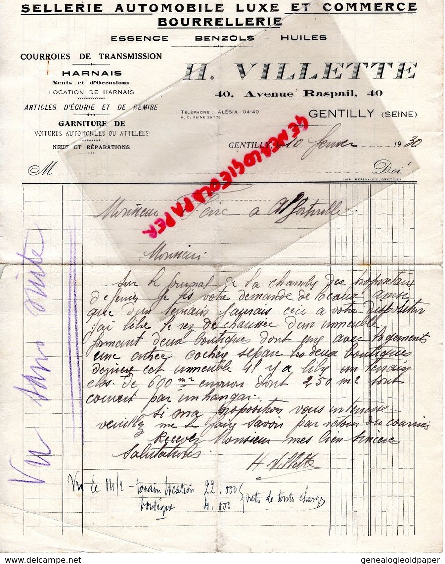 94- GENTILLY- RARE LETTRE MANUSCRITE SIGNEE H. VILLETTE- SELLERIE AUTOMOBILE-BOURRELLERIE-ESSENCE-40 AV. RASPAIL-1930 - Automobil