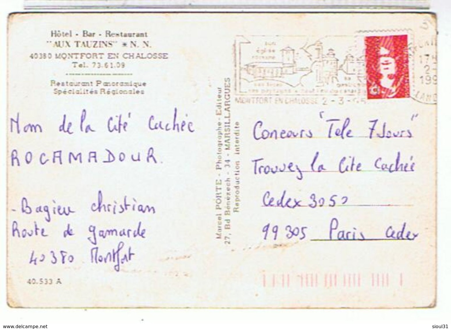 40 ..MONTFORT  EN  CHALOSSE 1995   - HOTEL - BAR- RESTAURANT  "AUX TAUZINS" +  BELLE  FLAMME - Montfort En Chalosse