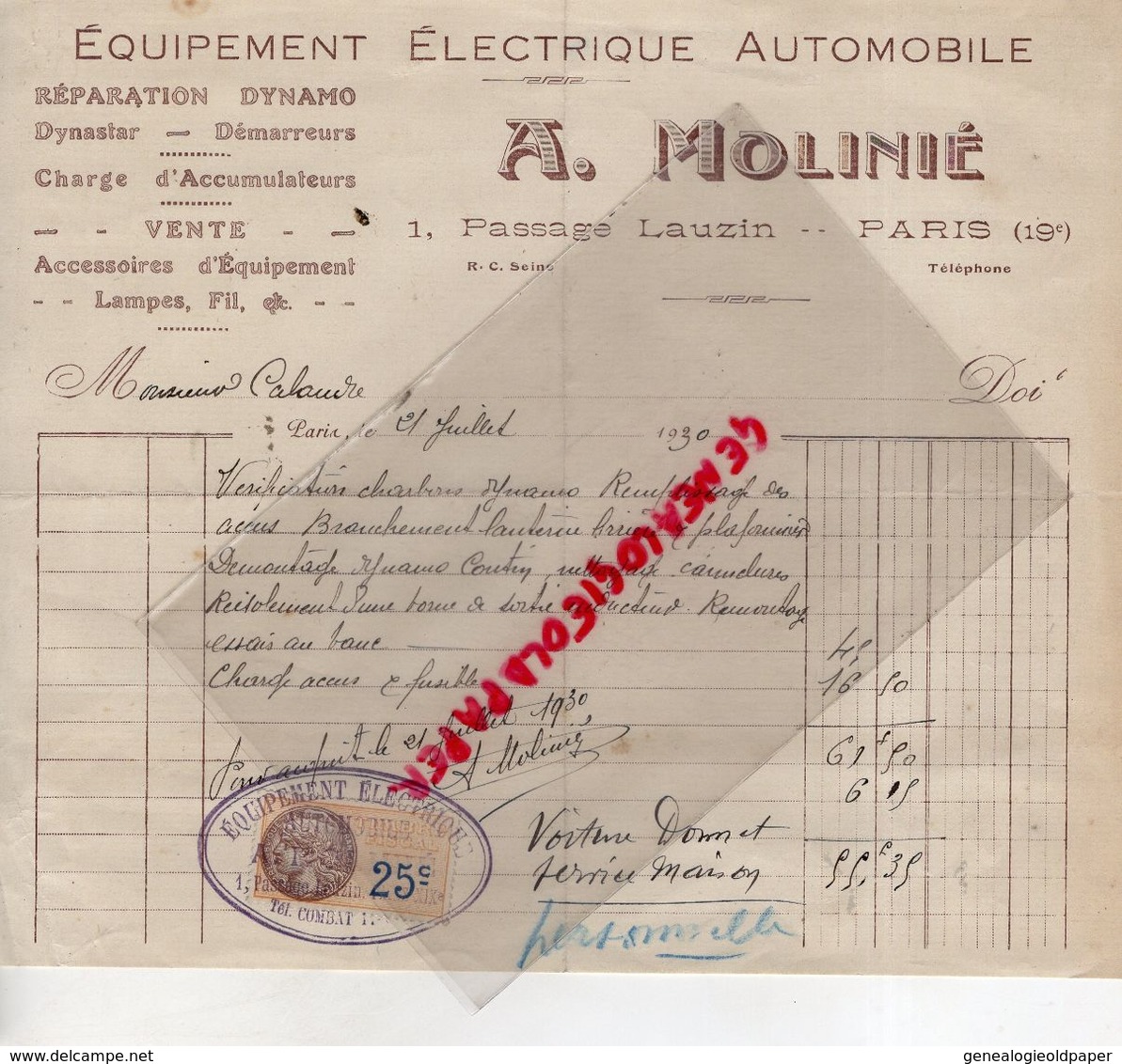 75- PARIS-  RARE FACTURE A. MOLINIE- EQUIPEMENT ELECTRIQUE AUTOMOBILE-DYNAMO DYNASTAR-1 PASSAGE LAUZIN-1930 - Automobil