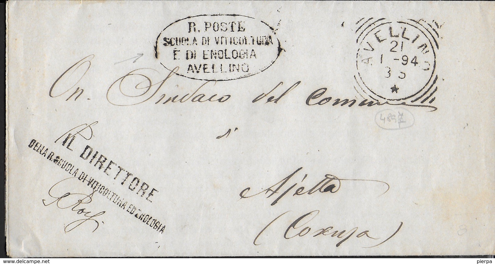 STORIA POSTALE REGNO - ANNULLO TONDO RIQUADRATO AVELLINO 21.01.1894 SU PIEGO IN FRANCHIGIA PER AIETA (CS) - Storia Postale