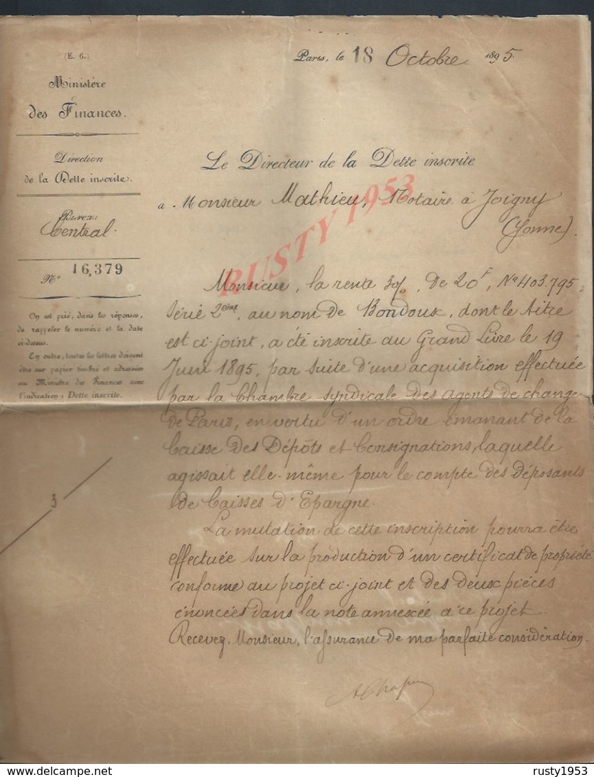 LETTRE DE 1895 MINISTÉRE DES FINANCES ECRITE DE PARIS À Mr MAHIEU À JOIGNY : - Manuscrits