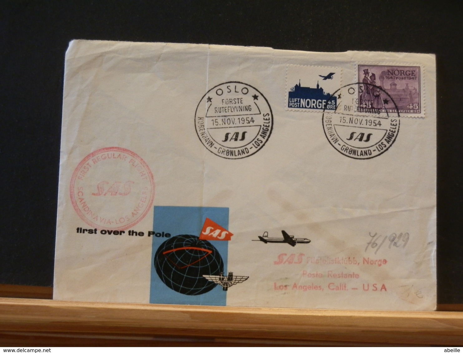 76/928   LETTRE 1954 1° FLIGHT  SAS - Briefe U. Dokumente