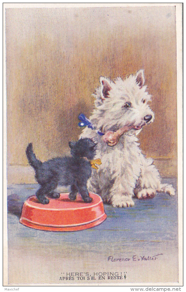 Carte Illustrée Florence E Valter - Chien Poils Blancs Croquant Un Os Devant Un Chaton Noir "Après Toi S'il En Reste - Valter, Fl. E.