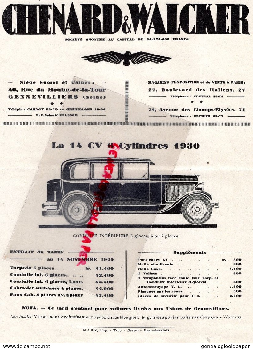 92- GENNEVILLIERS- 75- PARIS- RARE PUBLICITE CHENARD & WALCKER-  1930-  14 CV AUTO  AUTOMOBILE- - Cars