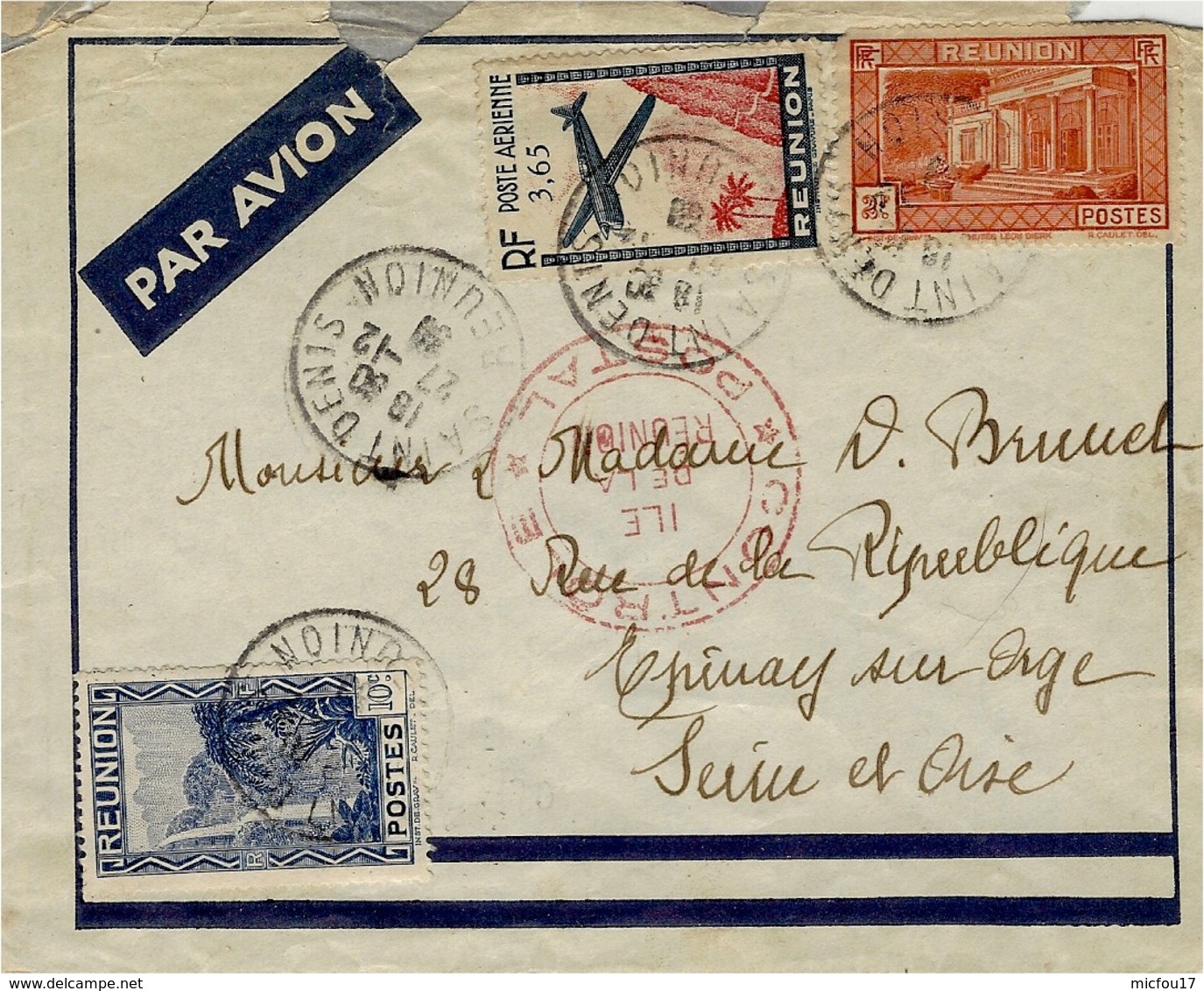 1939- Enveloppe  Par Avion De Saint-Denis   Pour La France  - Censure  CONTROLE POSTAL / Île De La Réunion  Rouge - Cartas & Documentos