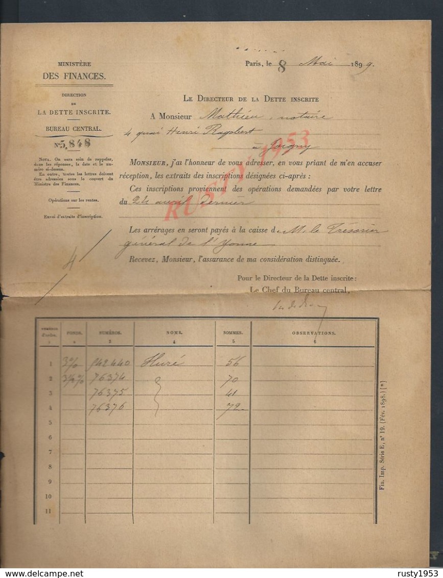 LOT DE DOCUMENTS 1898 ECT MINISTÉRE DES FINANCES PARIS À Mr MATHIEU NOTAIRE À JOIGNY : - Manuscrits