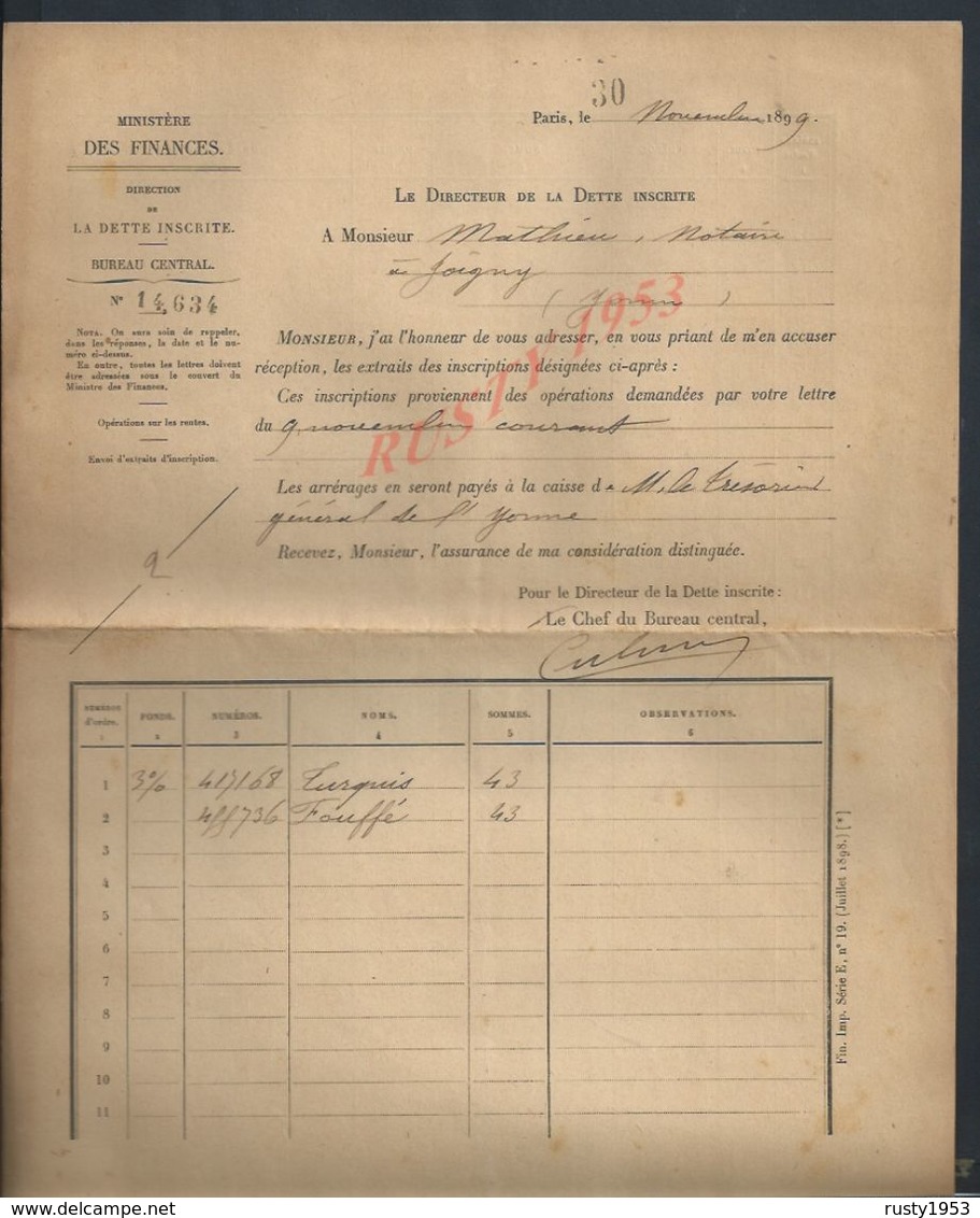 LOT DE DOCUMENTS 1898 ECT MINISTÉRE DES FINANCES PARIS À Mr MATHIEU NOTAIRE À JOIGNY : - Manuscrits