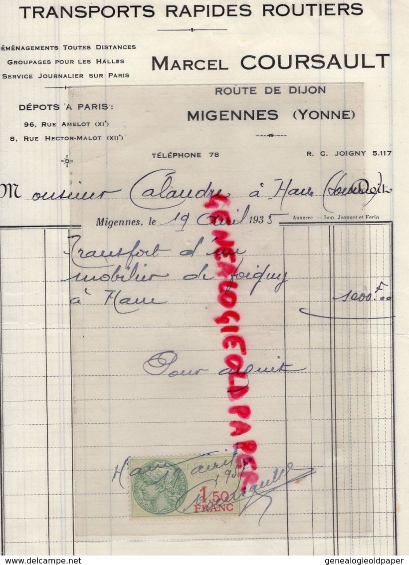 89- MIGENNES- RARE FACTURE MARCEL COURSAULT- TRANSPORTS RAPIDES ROUTIERS- ROUTE DE DIJON- DEMENAGEMENT-1935 YONNE - Transportmiddelen