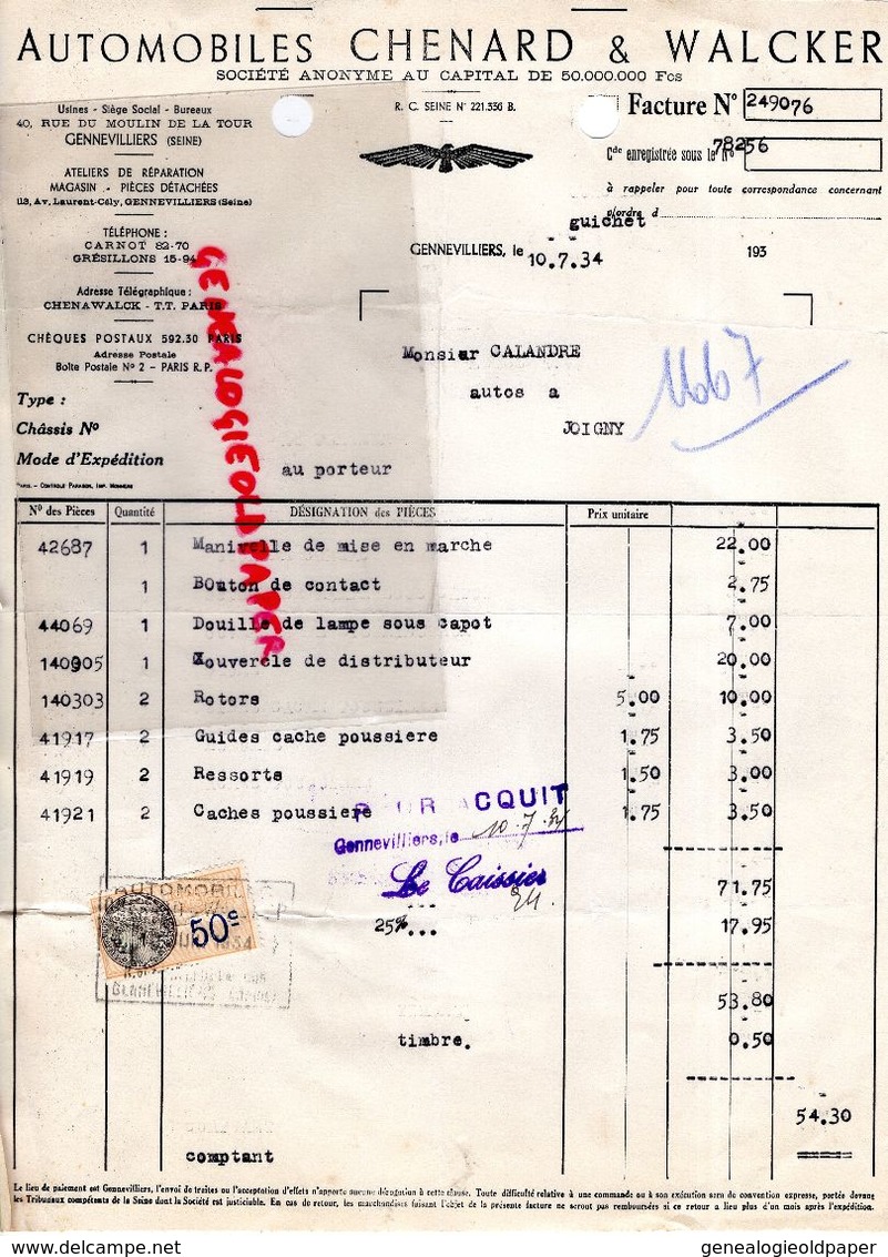 92- GENNEVILLIERS-PARIS- FACTURE AUTOMOBILES CHENARD WALCKER- 40 RUE MOULIN DE LA TOUR- 1934  AUTO - Automobil