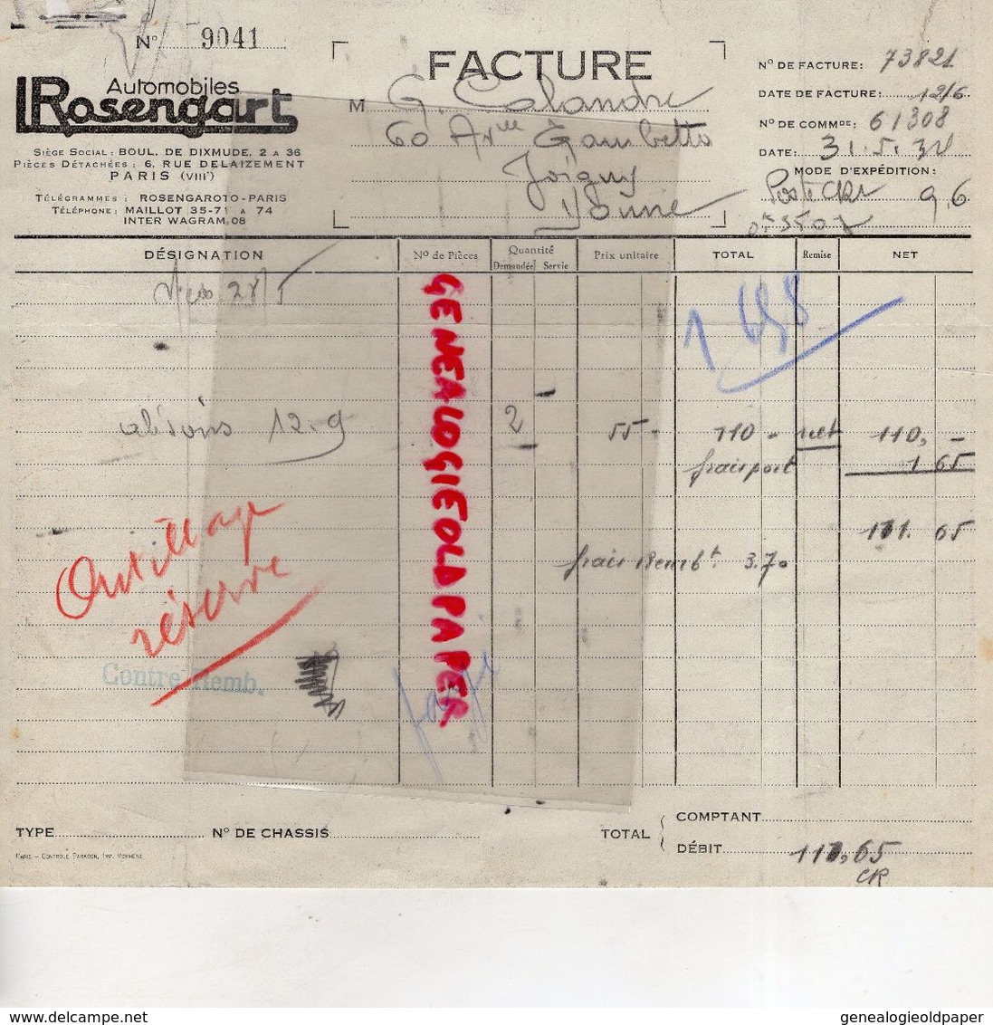 75- PARIS-  FACTURE AUTOMOBILES ROSENGART- 2 BD. DIXMUDE- 1934 - Cars