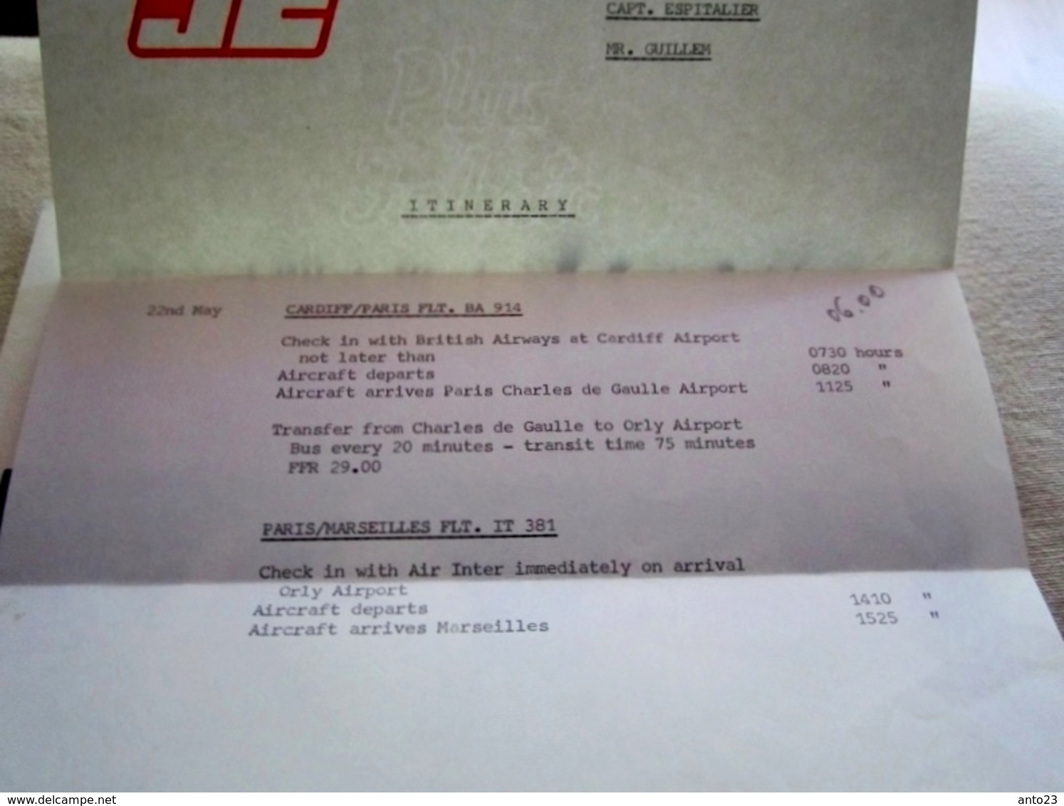 BRITISH AIRWAYS BILLET AVION  1978 CARDIFF TO PARIS AVEC COURRIER ITINÉRAIRES ET HORAIRES