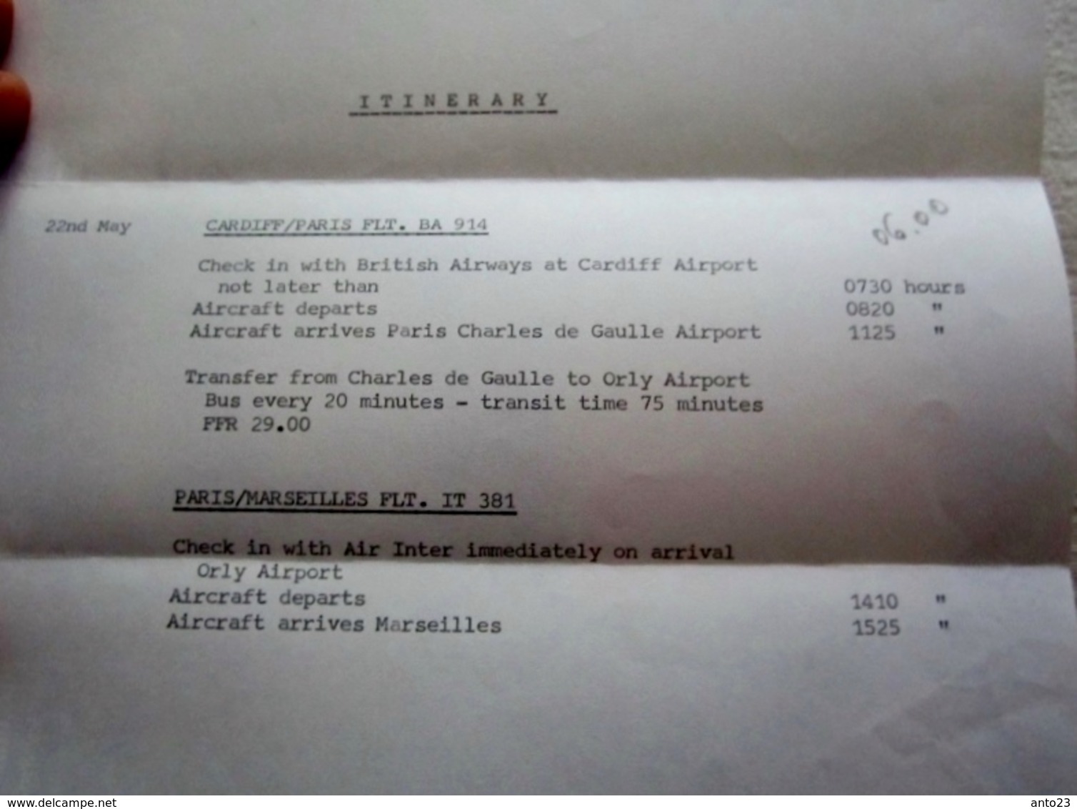 BRITISH AIRWAYS BILLET AVION  1978 CARDIFF TO PARIS AVEC COURRIER ITINÉRAIRES ET HORAIRES