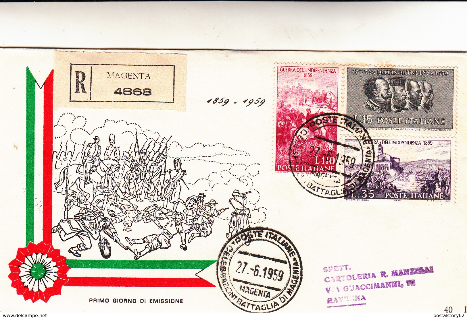 Cover Battaglia Di Magenta, Guerra D'Indipendenza. Primo Giorno Di Emissione 1959 Cover Racc. - 1946-60: Storia Postale