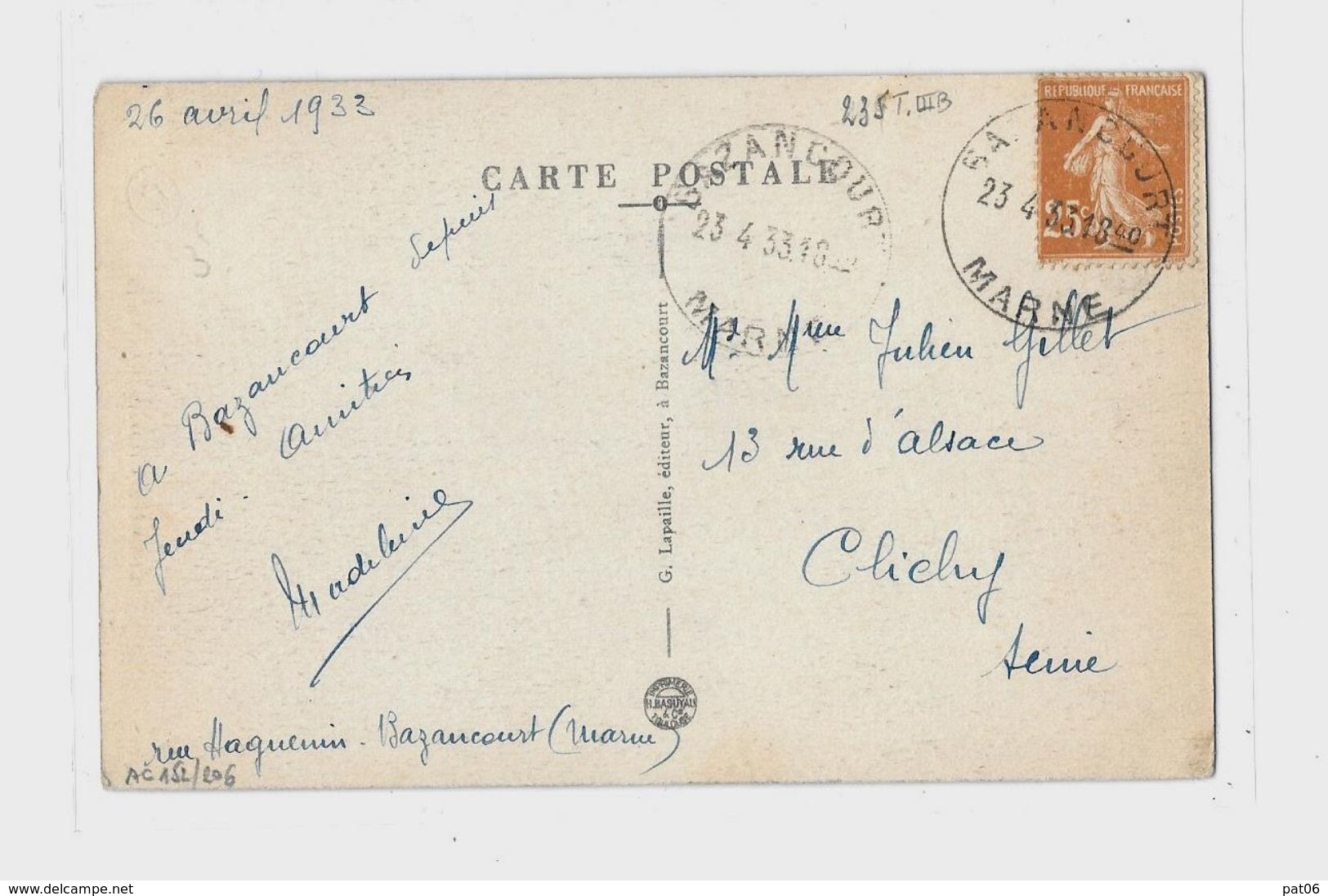 54 – MARNE – BAZANCOURT  T.Horoplan 23.4.33/235 T.IIIB  CPI Ill. 5 Mots - Tarif Du 9.8.26  Sur CPA Illustrée - Bazancourt