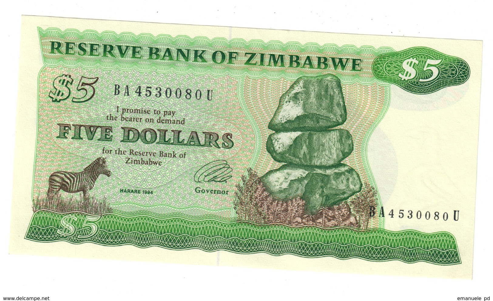 Zimbabwe 5 Dollars 1994 AUNC Pressed .J. - Zimbabwe