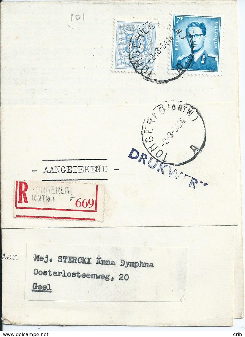 Aangetekende Brief Van TONGERLO(ANTW) Gefrankeerd Met 7fr + 50c - 1953-1972 Bril