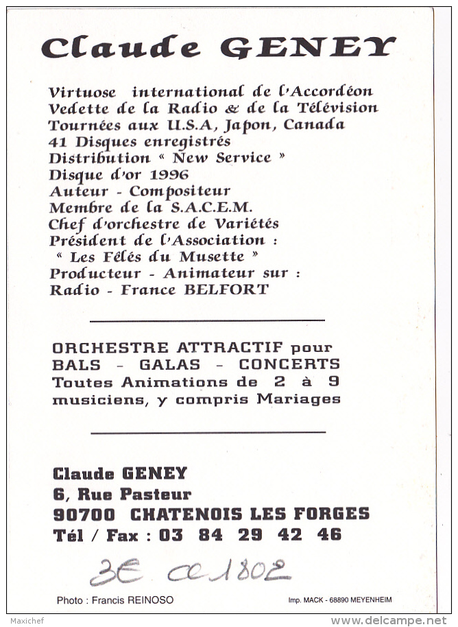 Carton Format CPM - Claude Geney (Accordéoniste) - Publicité Orchestre - 90700 Chatenois Les Forges - Autogramme