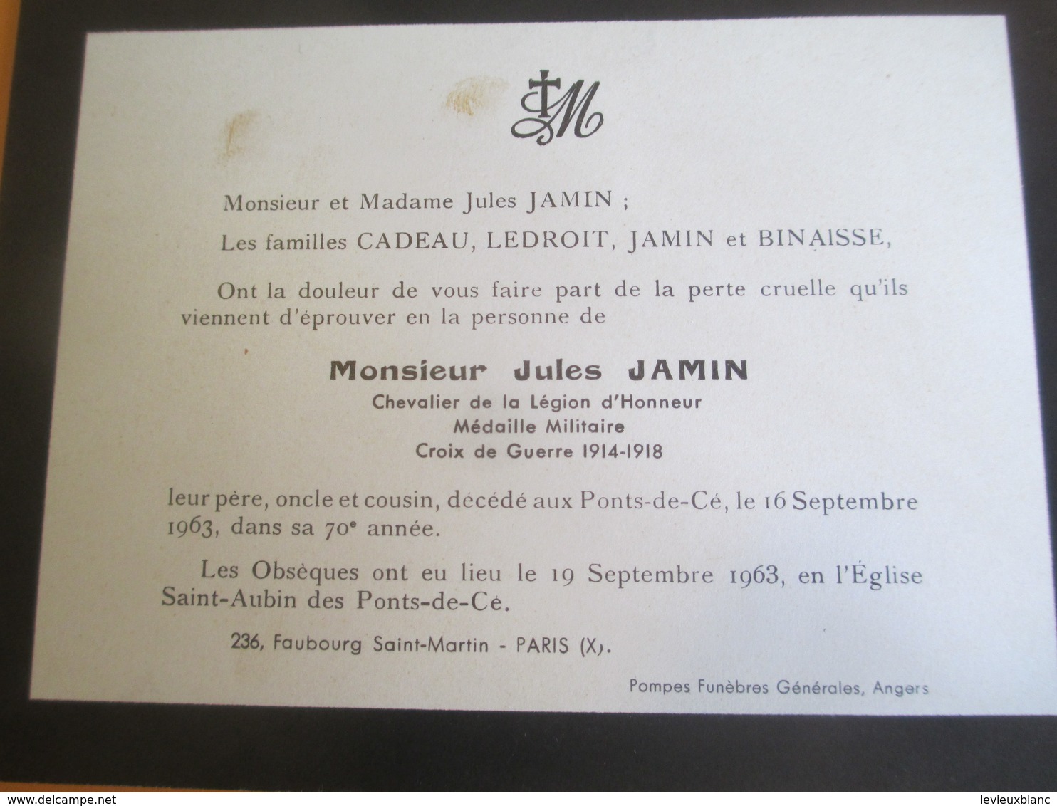 Monsieur Jules JAMIN/ Chevalier De La Légion D'Honneur/ Ponts De Cé/ Pompes Funébres Générale/ ANGERS/ 1963   FPD114 - Décès