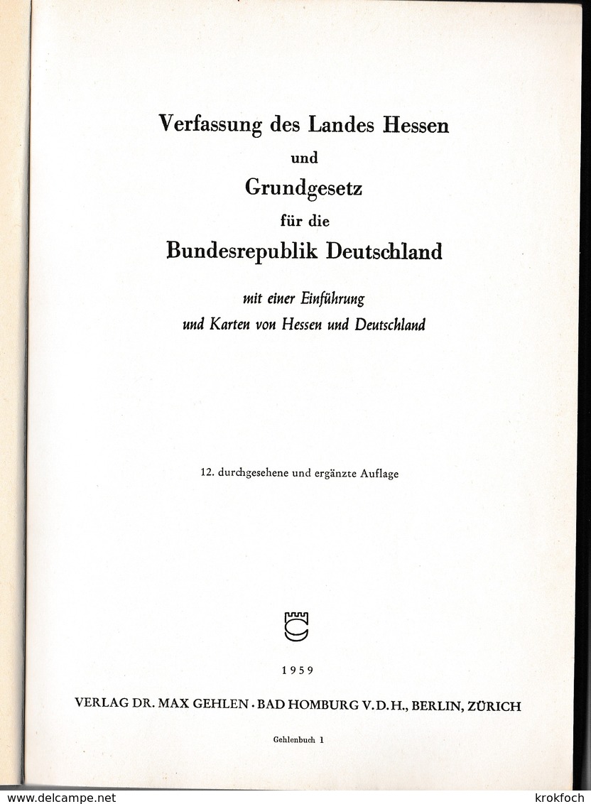 Verfassung Des Landes Hessen Une Grundgesetz BRD 1959 - 180 Seiten - Contemporary Politics