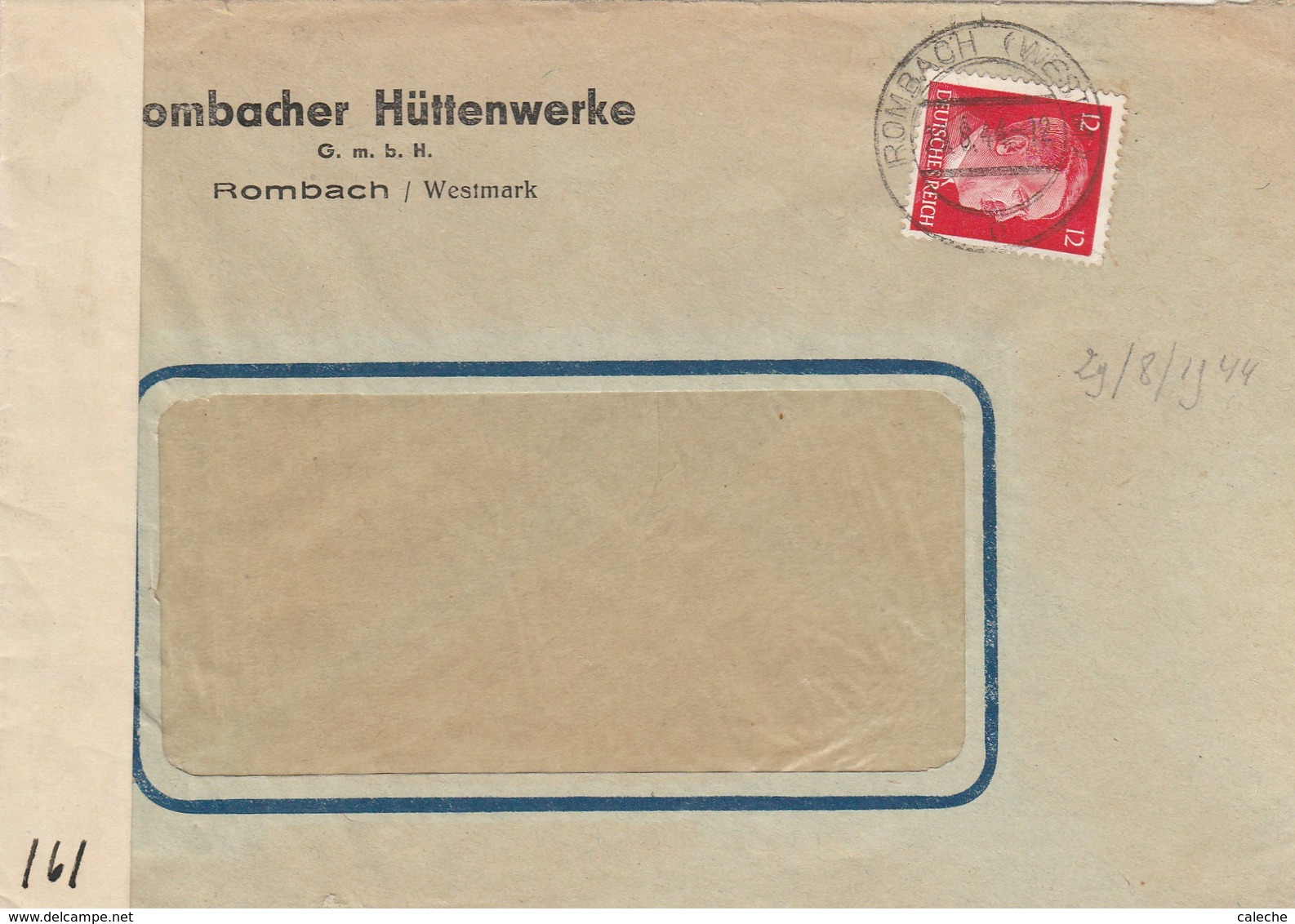 29/8/44 Allemagne (Rombach/Westmark) Vers Luxembourg . Cnsure Contrôle Des Communications Luxembourgeoislire Description - 1940-1944 Occupation Allemande