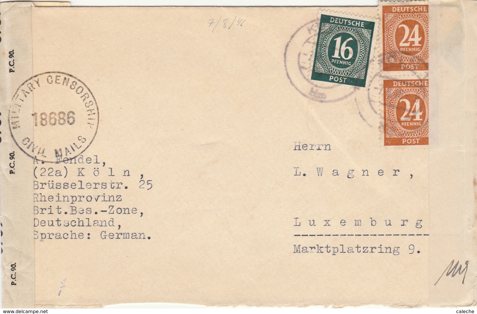 Pli 7/8/46  Contrôle Des Communications Luxembourgeois Köln ( Zone Anglaise) Vers Luxembourg (voir Description) - 1940-1944 Occupation Allemande