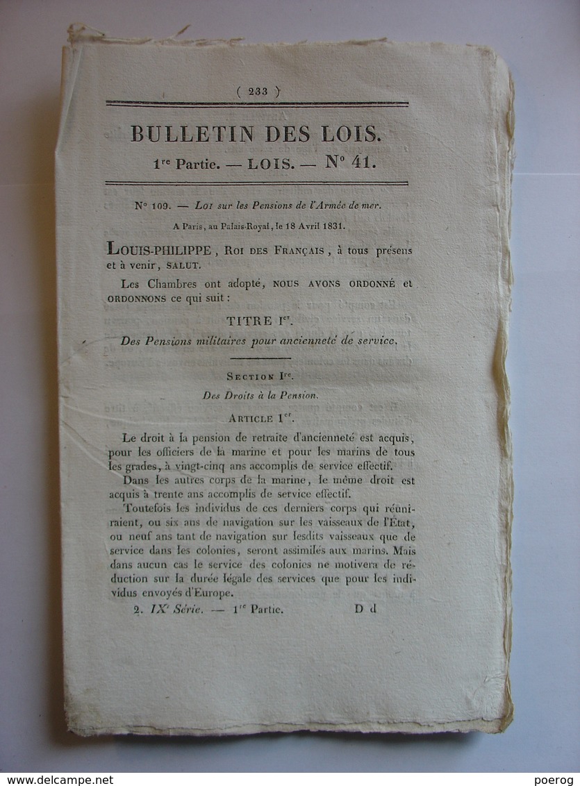 BULLETIN DES LOIS N°41 Du 11 MAI 1831 - LOI SUR LES PENSIONS DE L'ARMEE DE MER - MARINE MARINS - Decreti & Leggi