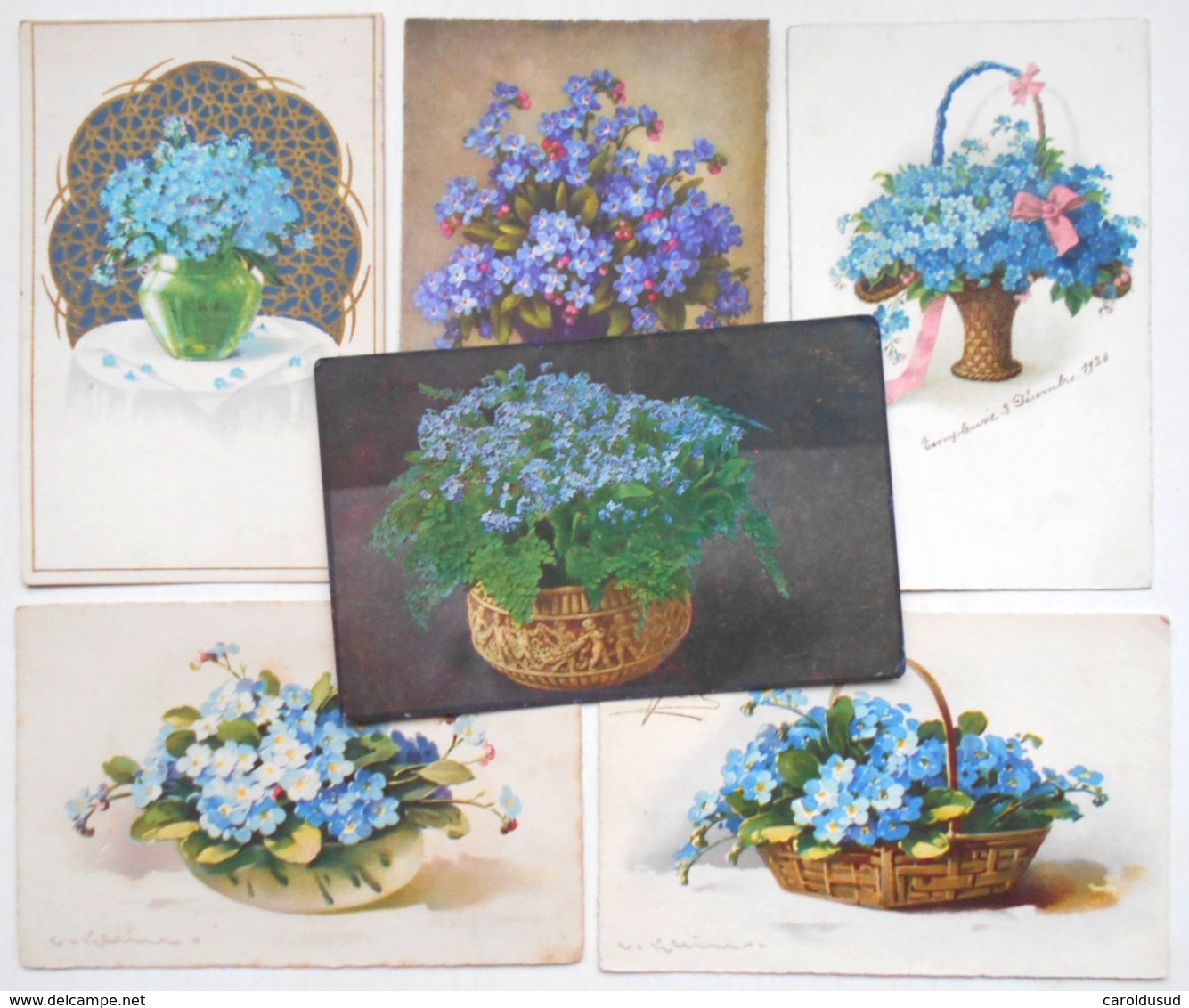 Cpa LOT 6X LITHO Illustrateur 3X JOUNOK IMPORT EAS C KLEIN Bouquet VASE CORBEILLE Fleur THEME  Myosotis - Collections & Lots