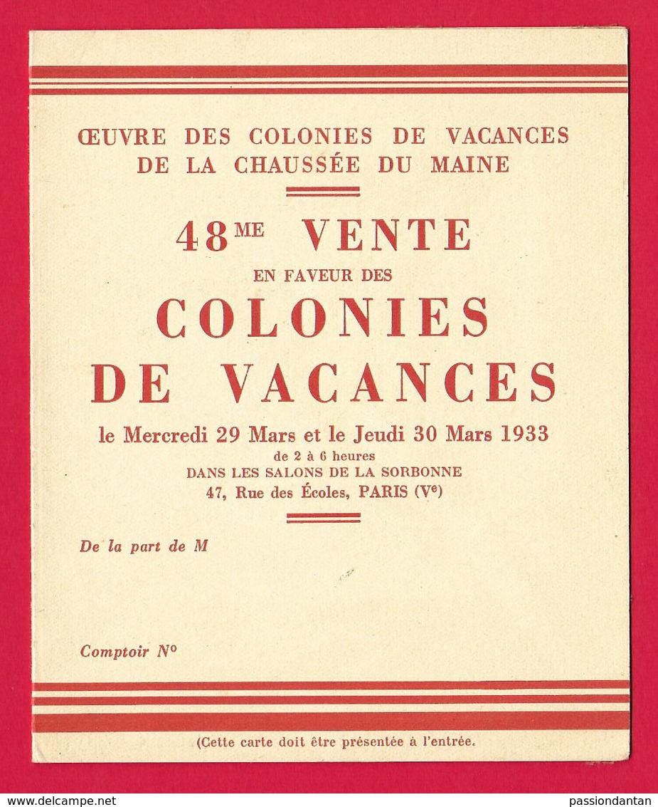 Carte D'invitation - Oeuvre Des Colonies De Vacances De La Chaussée Du Maine - Année 1933 - Non Classés