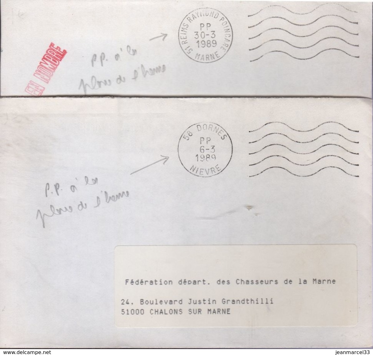 Port Payé à La Place De L'heure Empreinte Sécap 51 Reims Raymond Poincaré Et 58 Dornes 1989 - Covers & Documents