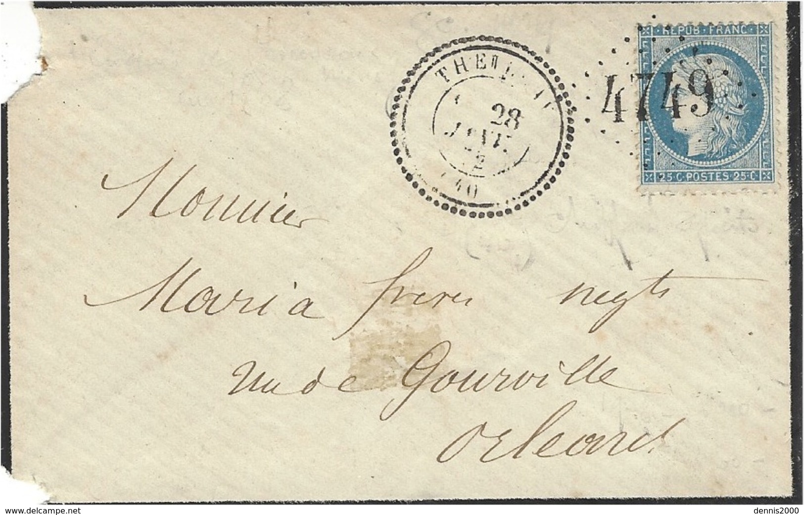 1872- Enveloppe De THEILLEY ( L.& C. ) Cad T24 Affr. N°60 Oblit. G C 4749 Pour Orléans - 1849-1876: Période Classique