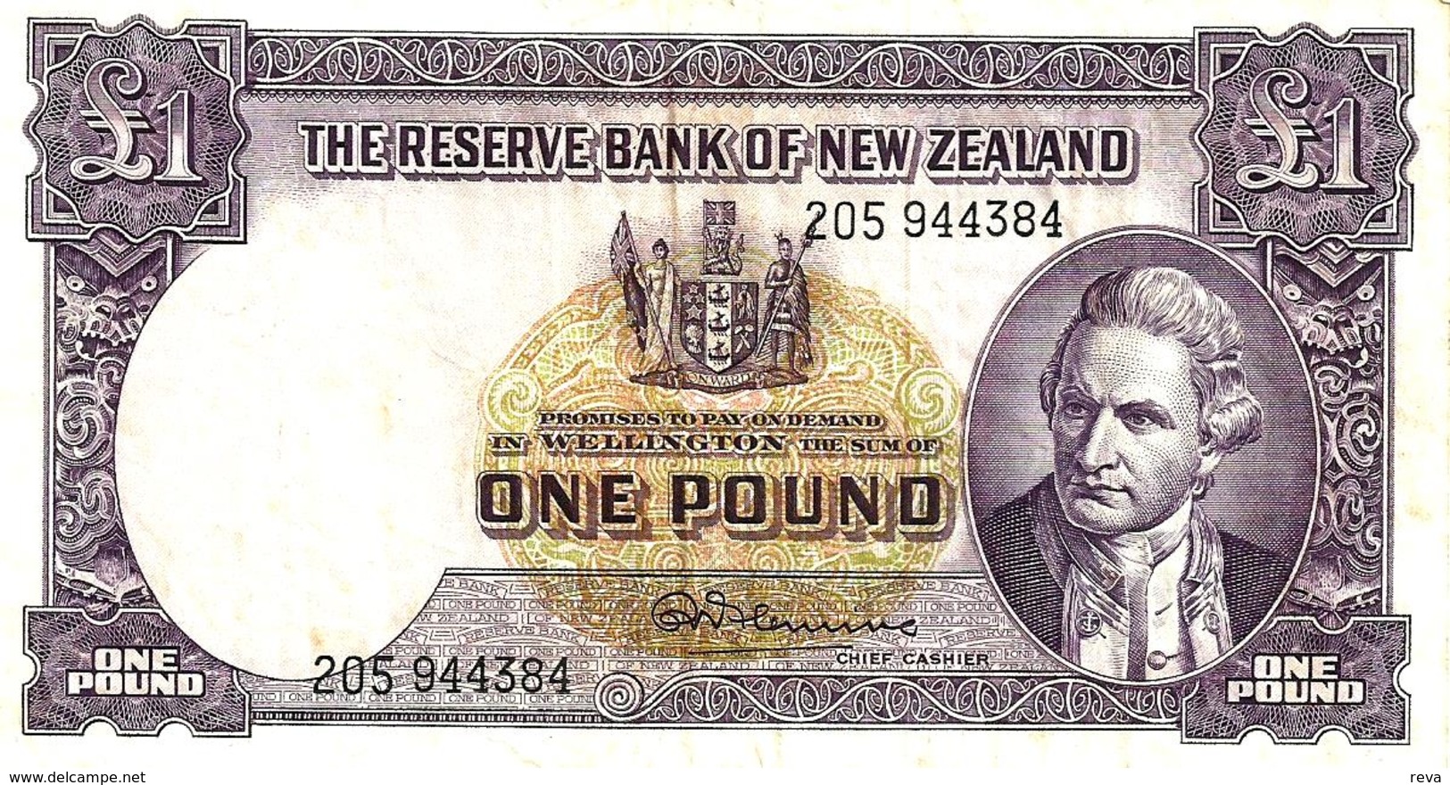 NEW ZEALAND 1 POUND PURPLE COOK DARKER FRONT SHIP BACK ND(1967) VF  WITH SECURITY THREAD P.159d LAST READ DESCRIPTION!! - Neuseeland