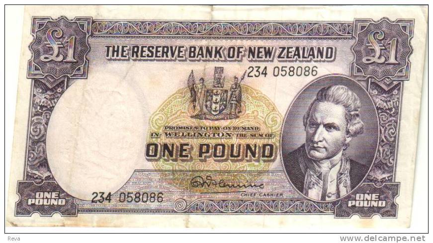 NEW ZEALAND 1 POUND PURPLE COOK DARKER FRONT SHIP BACK ND(1967) VF  WITH SECURITY THREAD P.159d LAST READ DESCRIPTION!! - Neuseeland