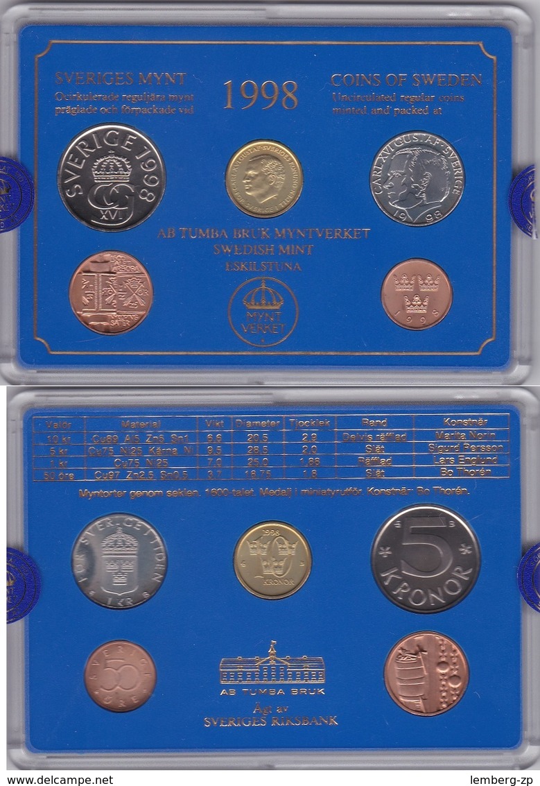 Sweden - Mint Set 4 Coins 50 Ore 1 5 10 Kronor 1998 UNC + Token Lemberg-Zp - Suède