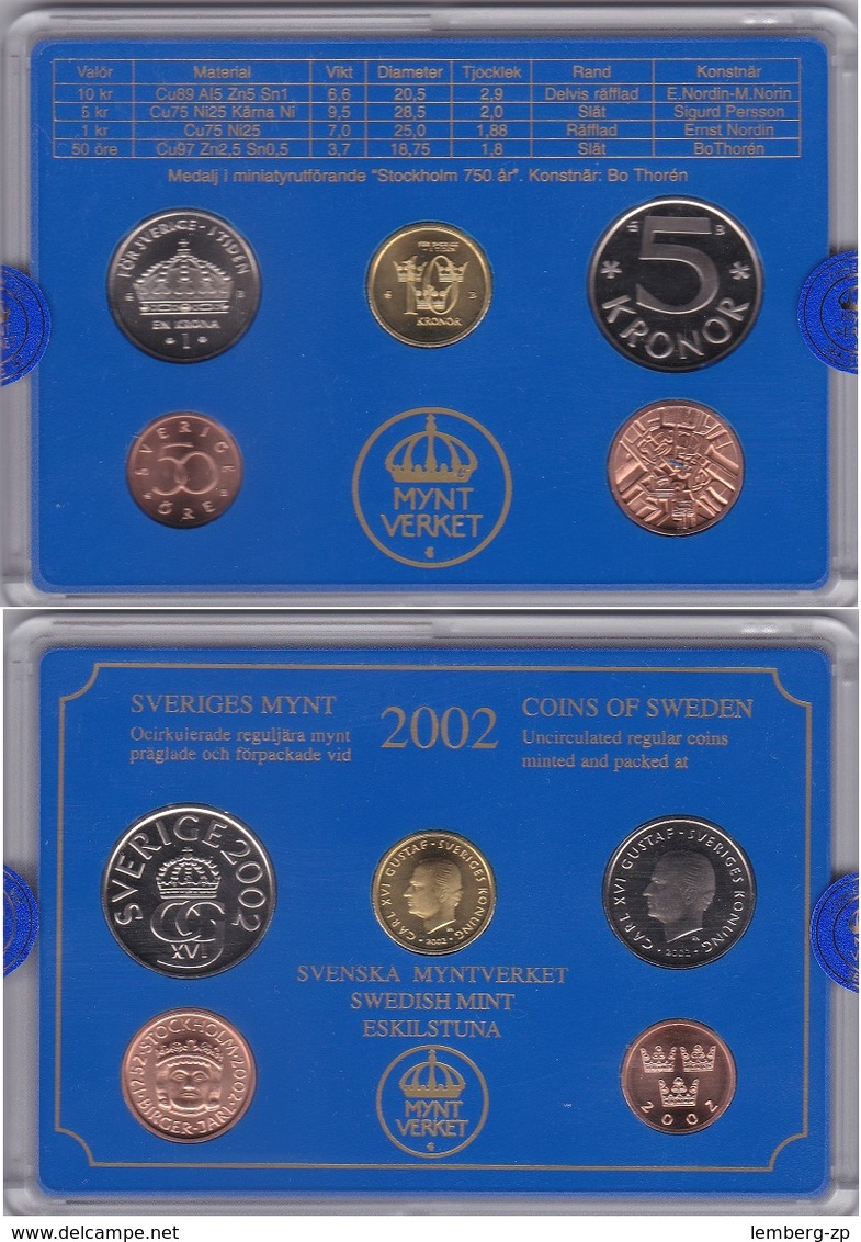 Sweden - Mint Set 4 Coins 50 Ore 1 5 10 Kronor 2002 UNC + Token Lemberg-Zp - Suède