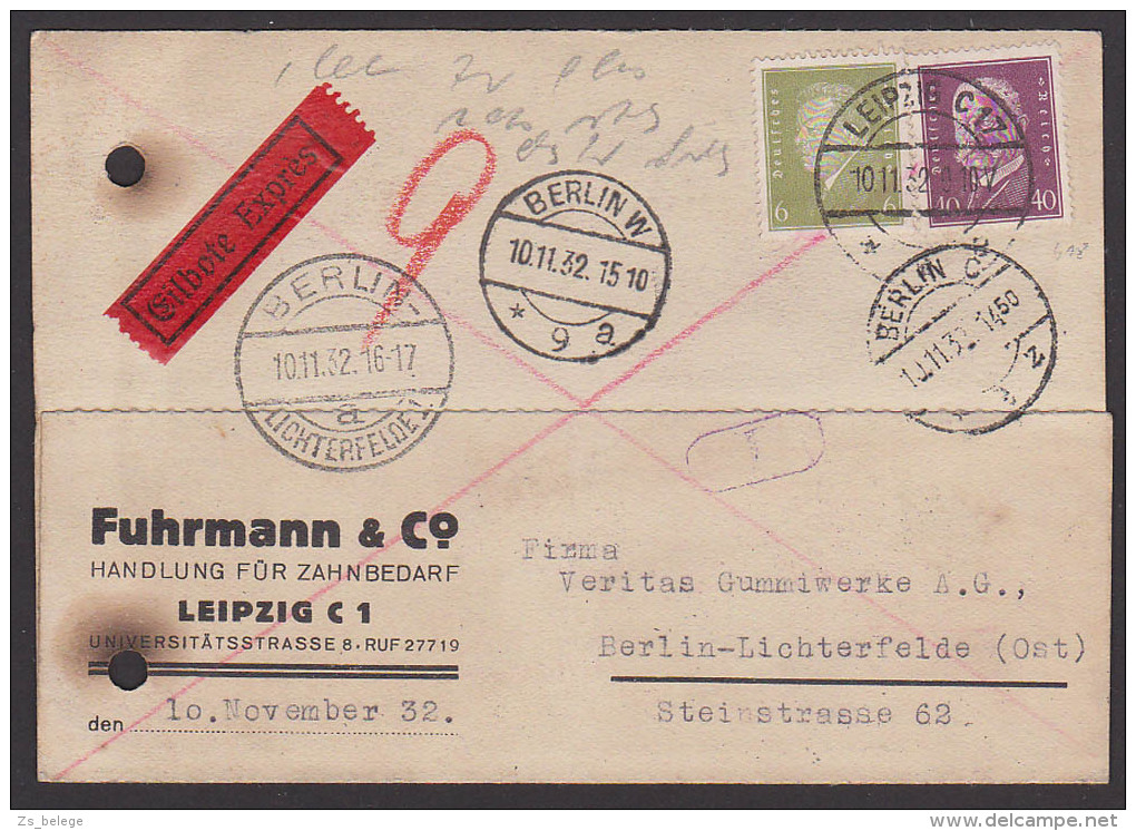 Germany Hindenburg 40 Pf In MiF Mit Friedrich Ebert Auf Eilsendung Leipzig - Berlin-Lichterfelde - Briefe U. Dokumente