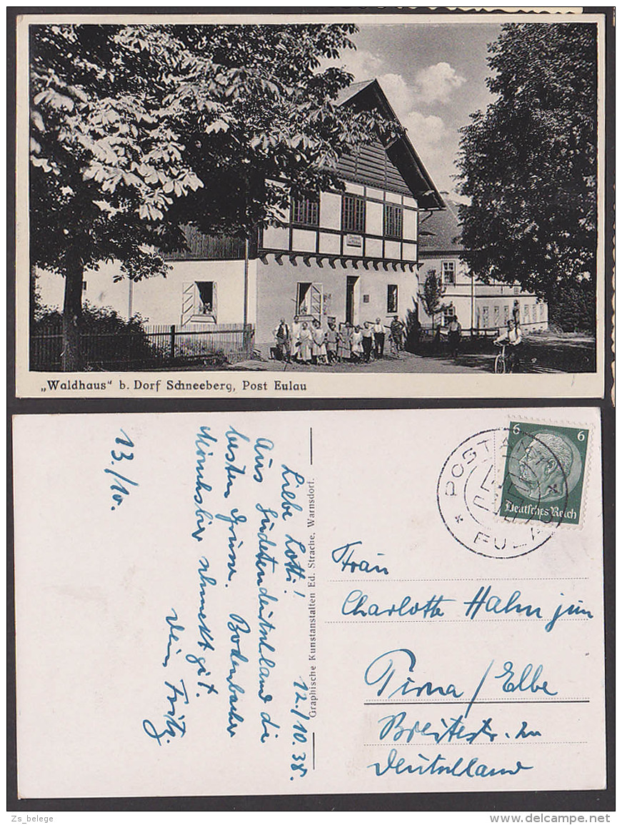 Schneeberg Post Eulau Jilove Snezka Waldhaus, Gaststätte, Retaurace Stempel Hakenkreuz Postamt EULAU 1938 - Sudeten