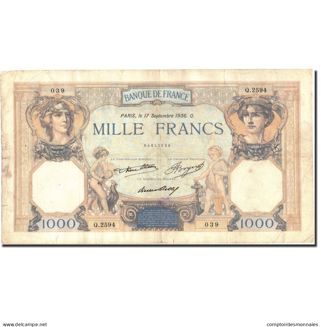 France, 1000 Francs, 1 000 F 1927-1940 ''Cérès Et Mercure'', 1936, 1936-09-17 - 1 000 F 1927-1940 ''Cérès Et Mercure''