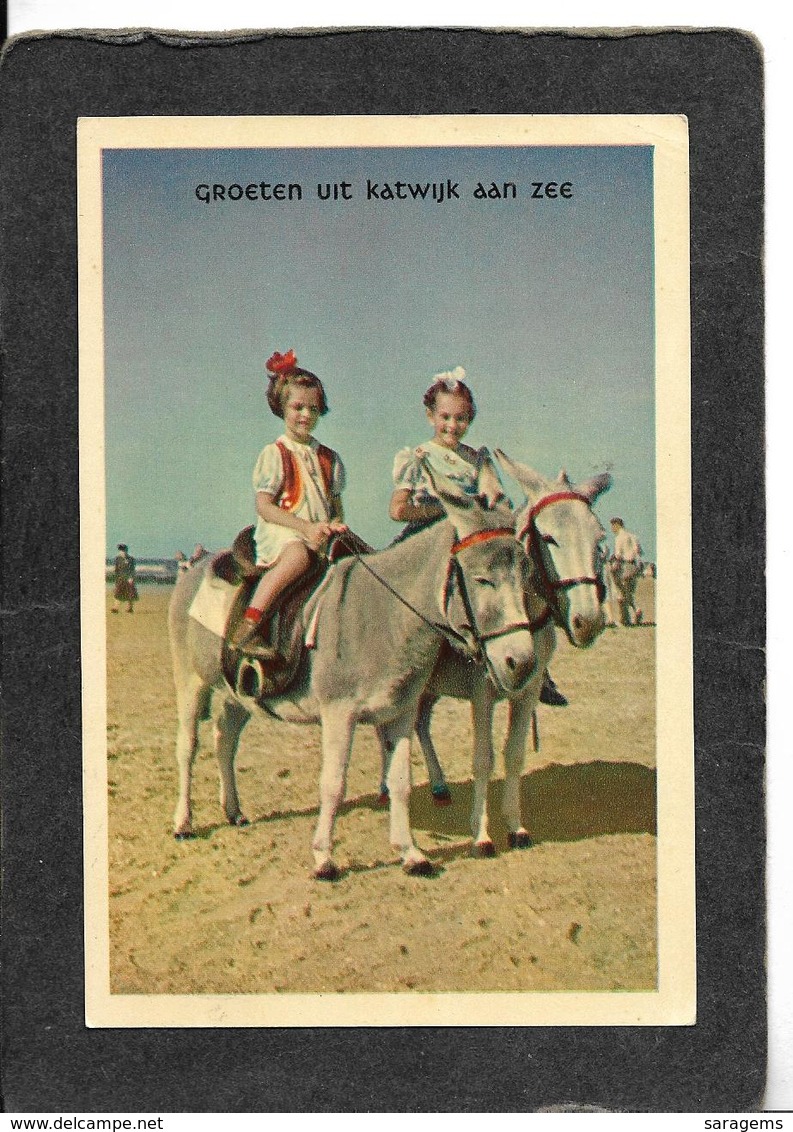 Netherlands-Groeten Uit Katwijk Aan Zee,Young Girl & Boy Riding Mules 1954  - Antique Postcard - Katwijk (aan Zee)