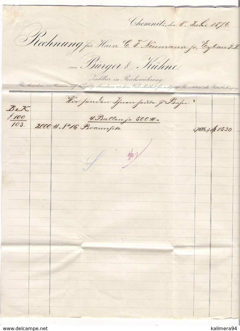 Timbre 10 Pfennig Rose  ALLEMAGNE  /  Lettre De BÜRGER & KÜHNE , à CHEMNITZ , Envoi à EYBAU Du 8 Juillet 1876 - Otros & Sin Clasificación