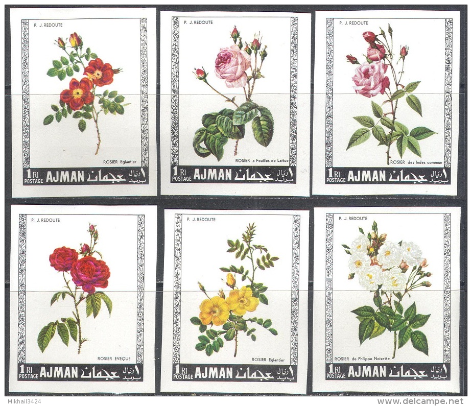 3209 Painting Art Flora Roses Blumen P.J.Redoute 1969 Ajman 6v Set MNH ** 4,5ME Imperf Imp - Roses