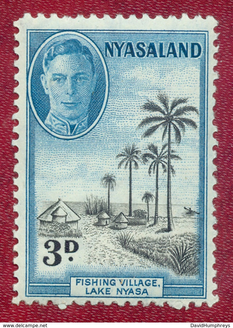 Nyasaland 1945 GVI 3d Black & Blue Fishing Village Lake Nyasa SG148 MH - Nyassaland (1907-1953)