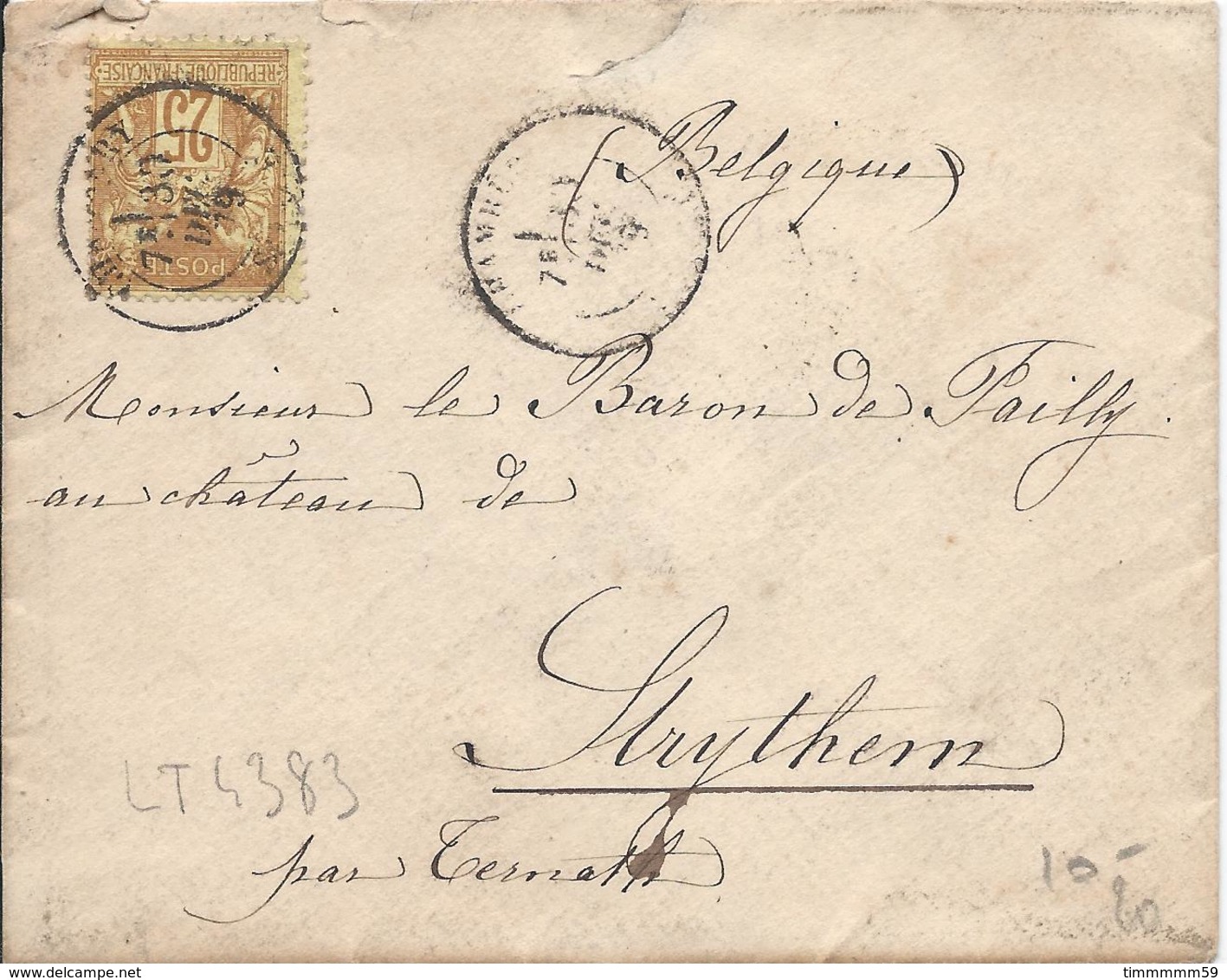 LT4383  N°92/enveloppe, Oblit Cachet à Date De CHAMBERY, Savoie(88) Pour La BELGIQUE, Au Dos Cachet FRANCE OUEST 3 - 1876-1898 Sage (Type II)