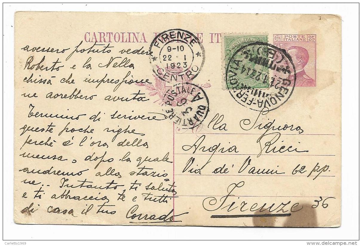 CART. POSTALE 1923 DA GENOVA A FIRENE    VIAGGIATA  FP - Marcophilia