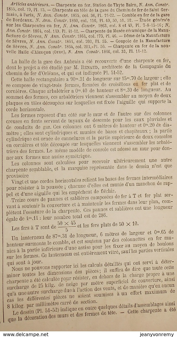 Plan De La Charpente En Fer De La Gare Des Aubrais. Chemin De Fer D'Orléans. 1866 - Publieke Werken