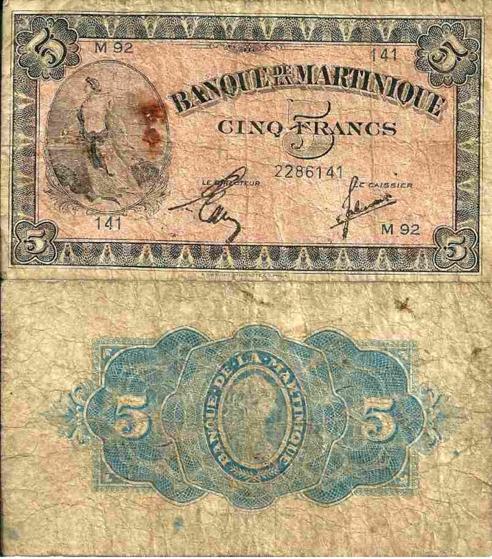 MARTINIQUE -- 5 FRANCS 1942 -- Pick 16b TB (VG) - Aruba (1986-...)