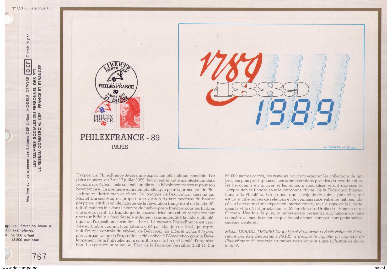 FEUILLET CEF TIRAGE 20.300 EX EN OFFSET, PHILEXFRANCE 89, 1987 - Expositions Philatéliques